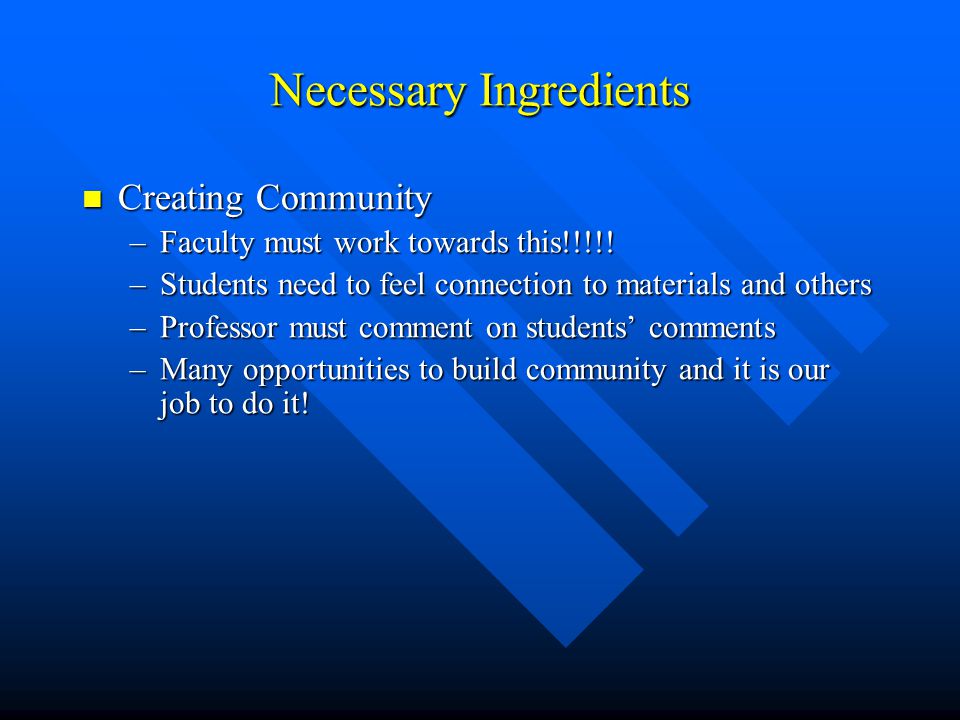 Necessary Ingredients Creating Community Creating Community –Faculty must work towards this!!!!.