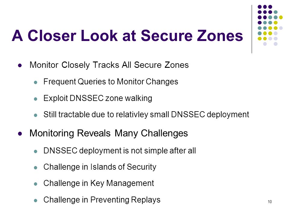 10 A Closer Look at Secure Zones Monitor Closely Tracks All Secure Zones Frequent Queries to Monitor Changes Exploit DNSSEC zone walking Still tractable due to relativley small DNSSEC deployment Monitoring Reveals Many Challenges DNSSEC deployment is not simple after all Challenge in Islands of Security Challenge in Key Management Challenge in Preventing Replays