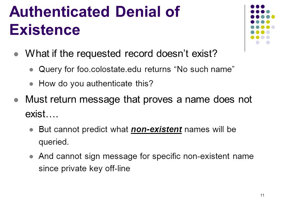 11 Authenticated Denial of Existence What if the requested record doesn’t exist.
