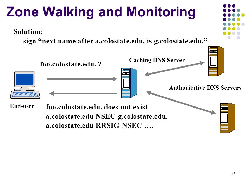 12 Zone Walking and Monitoring Caching DNS Server End-user foo.colostate.edu.