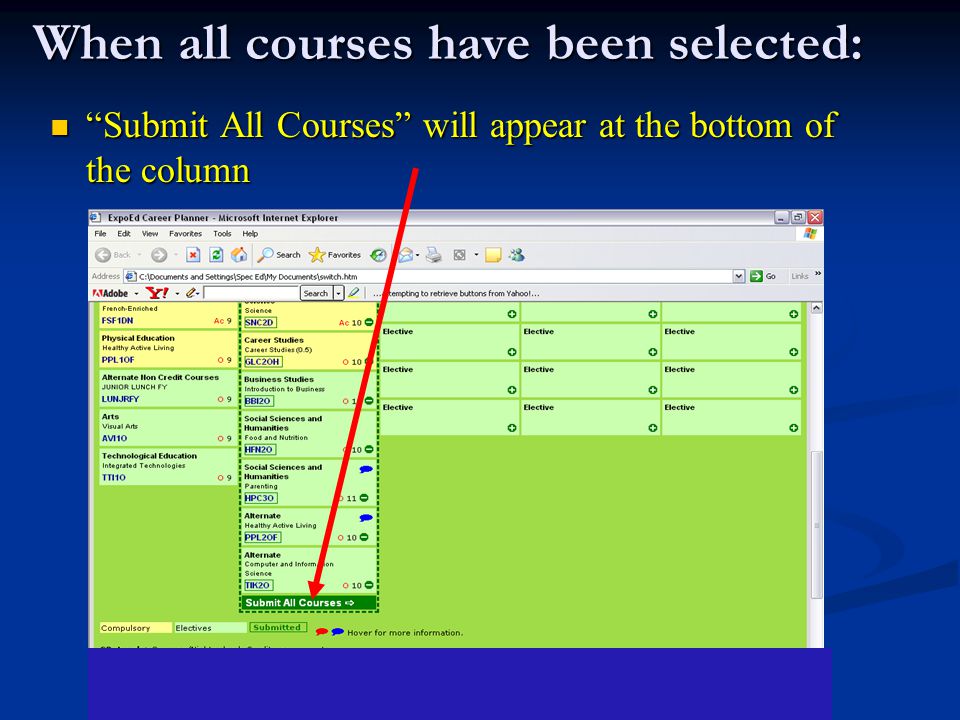 When all courses have been selected: Submit All Courses will appear at the bottom of the column Submit All Courses will appear at the bottom of the column