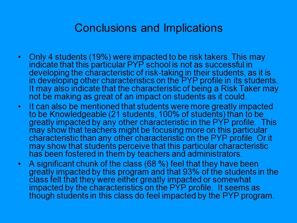 Conclusions and Implications Only 4 students (19%) were impacted to be risk takers.