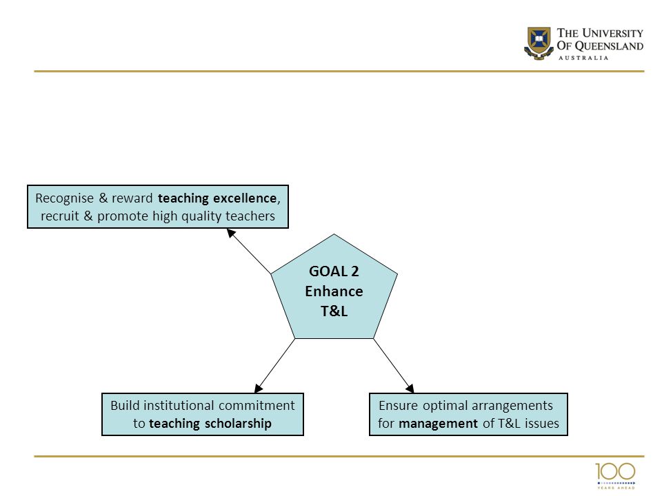Build institutional commitment to teaching scholarship Ensure optimal arrangements for management of T&L issues Recognise & reward teaching excellence, recruit & promote high quality teachers GOAL 2 Enhance T&L