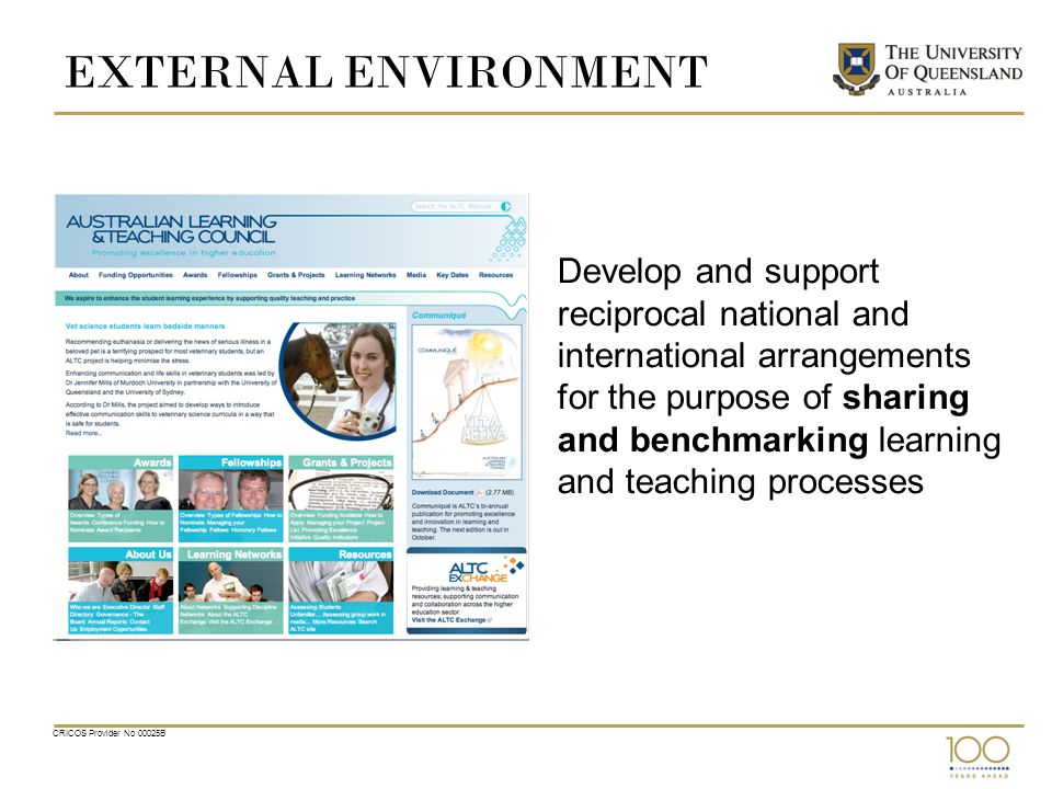 EXTERNAL ENVIRONMENT Develop and support reciprocal national and international arrangements for the purpose of sharing and benchmarking learning and teaching processes CRICOS Provider No 00025B