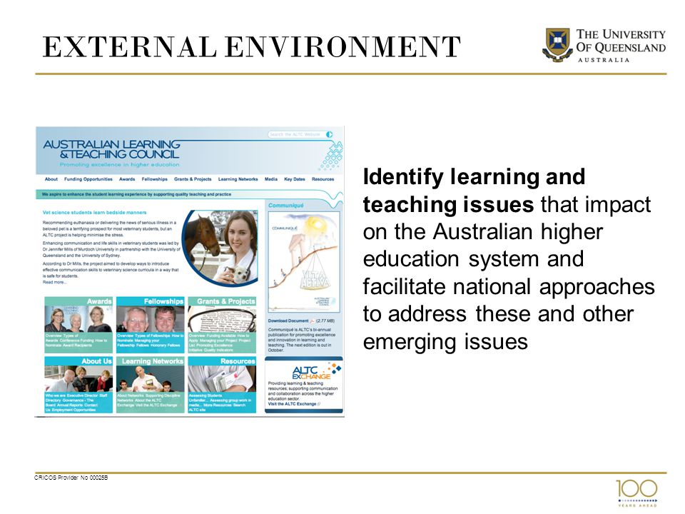 EXTERNAL ENVIRONMENT Identify learning and teaching issues that impact on the Australian higher education system and facilitate national approaches to address these and other emerging issues CRICOS Provider No 00025B