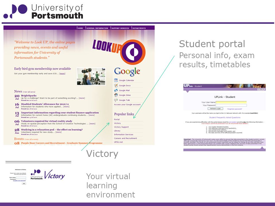 Student portal Personal info, exam results, timetables Victory Your virtual learning environment