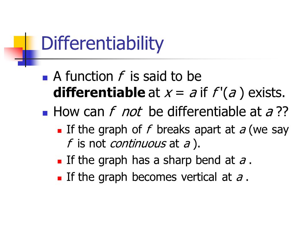 Differentiability A function f is said to be differentiable at x = a if f (a ) exists.