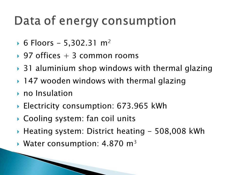  6 Floors - 5, m 2  97 offices + 3 common rooms  31 aluminium shop windows with thermal glazing  147 wooden windows with thermal glazing  no Insulation  Electricity consumption: kWh  Cooling system: fan coil units  Heating system: District heating - 508,008 kWh  Water consumption: m 3