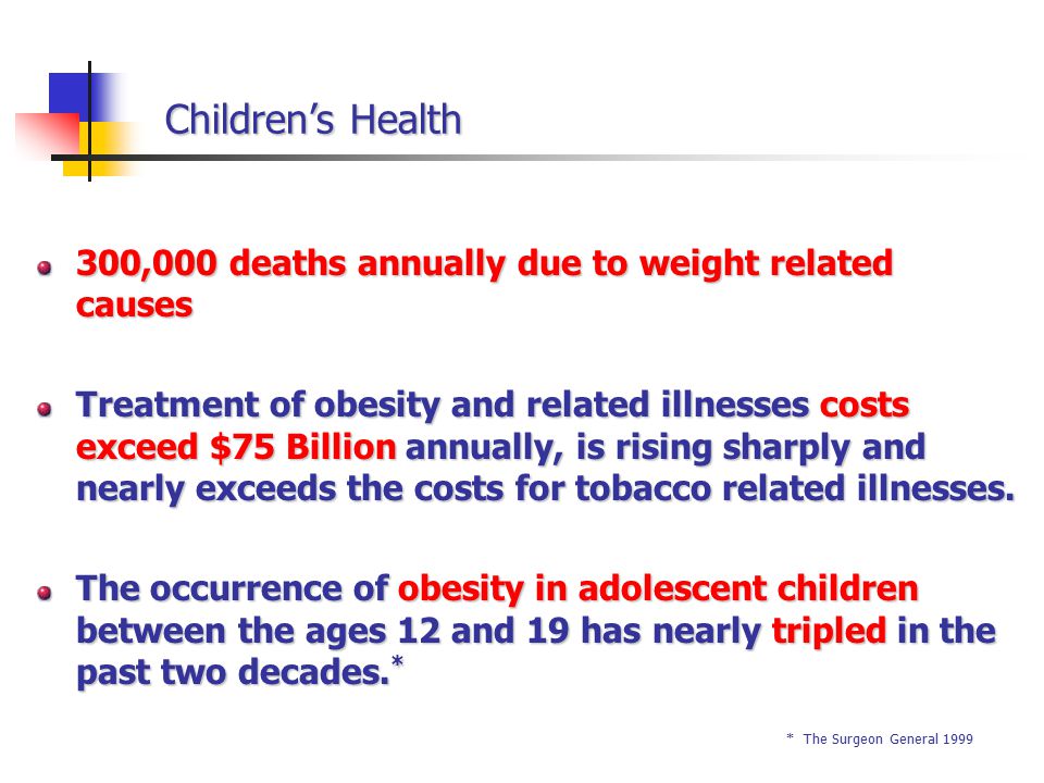 Children’s Health 300,000 deaths annually due to weight related causes Treatment of obesity and related illnesses costs exceed $75 Billion annually, is rising sharply and nearly exceeds the costs for tobacco related illnesses.