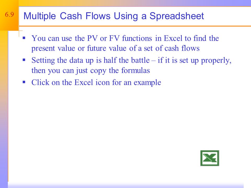 6.9 Multiple Cash Flows Using a Spreadsheet  You can use the PV or FV functions in Excel to find the present value or future value of a set of cash flows  Setting the data up is half the battle – if it is set up properly, then you can just copy the formulas  Click on the Excel icon for an example