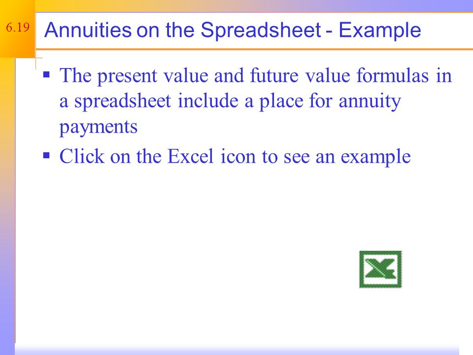6.19 Annuities on the Spreadsheet - Example  The present value and future value formulas in a spreadsheet include a place for annuity payments  Click on the Excel icon to see an example