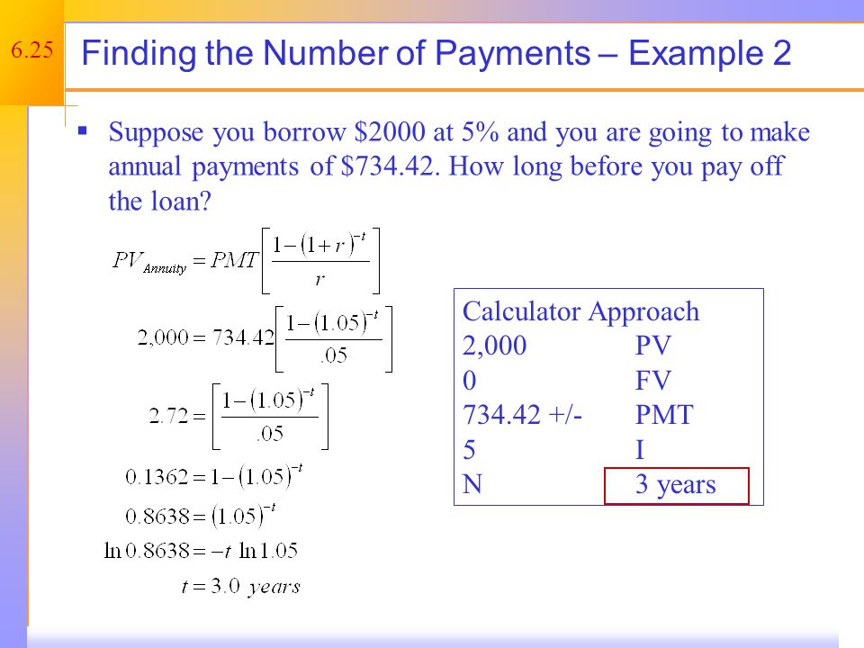 6.25 Finding the Number of Payments – Example 2  Suppose you borrow $2000 at 5% and you are going to make annual payments of $