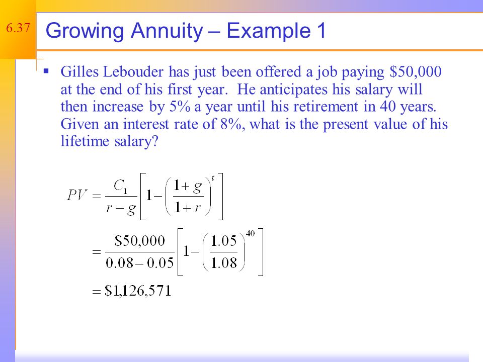 6.37 Growing Annuity – Example 1  Gilles Lebouder has just been offered a job paying $50,000 at the end of his first year.