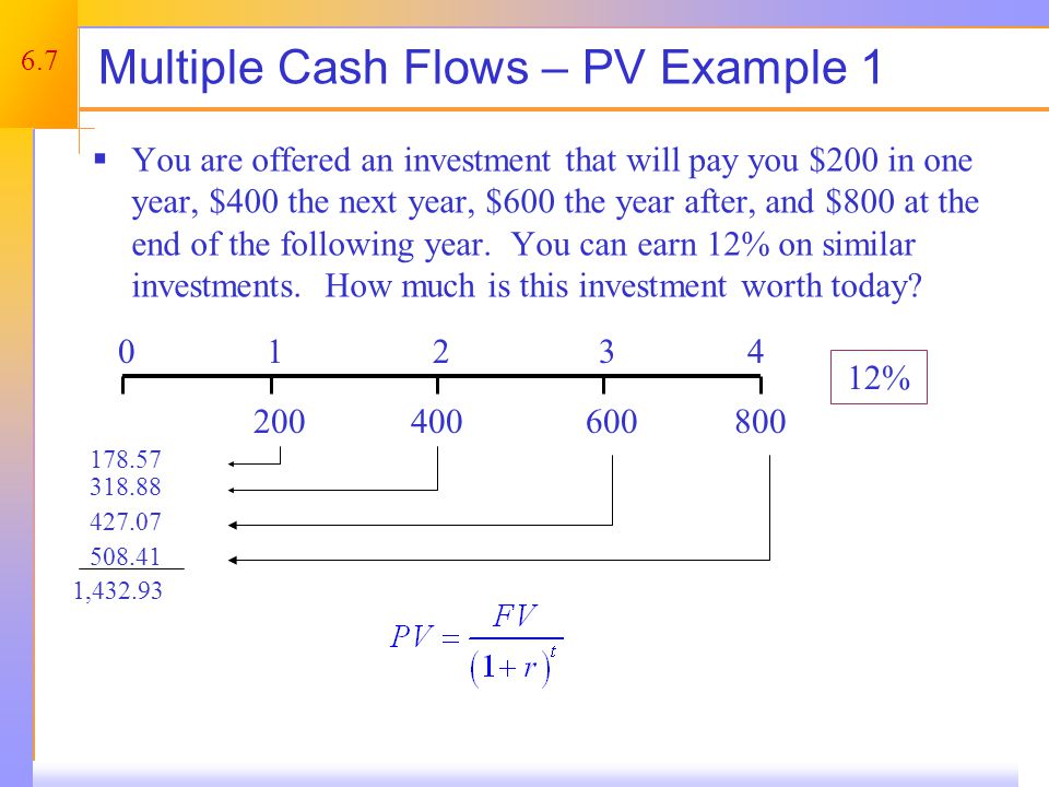6.7 Multiple Cash Flows – PV Example 1  You are offered an investment that will pay you $200 in one year, $400 the next year, $600 the year after, and $800 at the end of the following year.