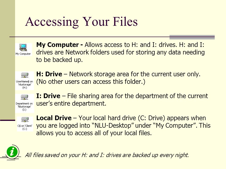 Accessing Your Files My Computer - Allows access to H: and I: drives.