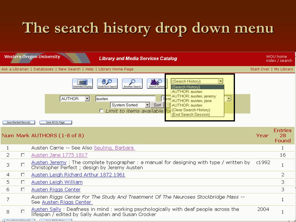 The search history drop down menu