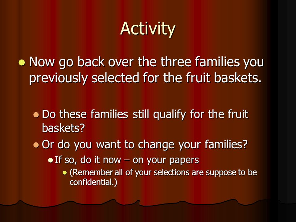 Activity Now go back over the three families you previously selected for the fruit baskets.