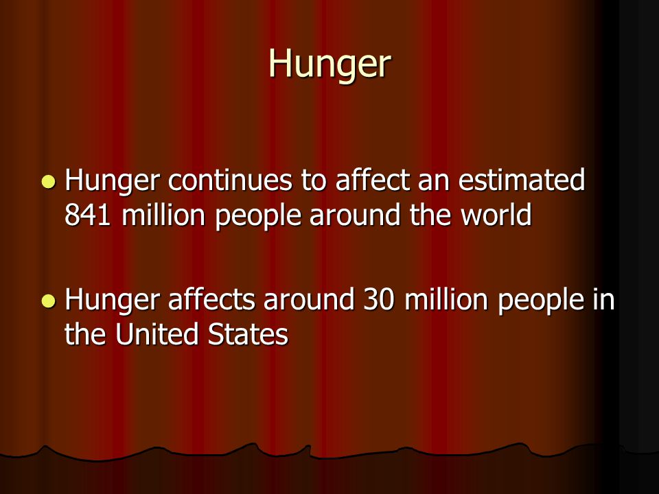 Hunger Hunger continues to affect an estimated 841 million people around the world Hunger continues to affect an estimated 841 million people around the world Hunger affects around 30 million people in the United States Hunger affects around 30 million people in the United States