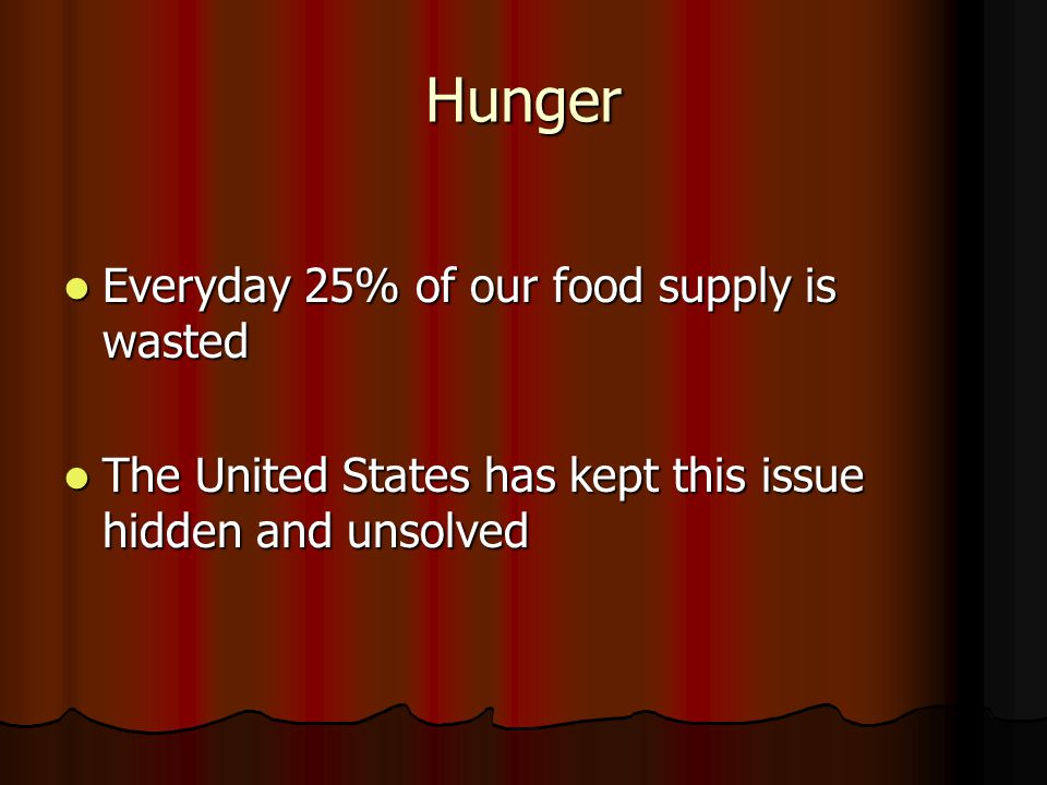 Hunger Everyday 25% of our food supply is wasted Everyday 25% of our food supply is wasted The United States has kept this issue hidden and unsolved The United States has kept this issue hidden and unsolved