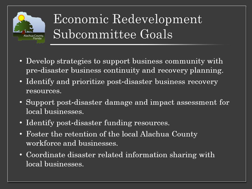 Economic Redevelopment Subcommittee Goals Develop strategies to support business community with pre-disaster business continuity and recovery planning.