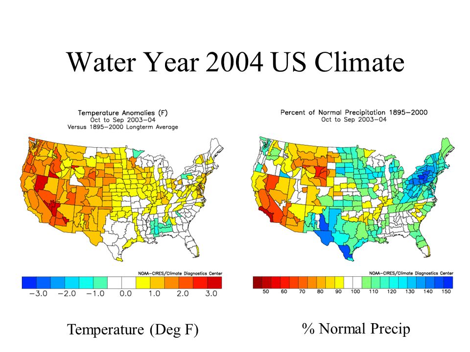 Water Year 2004 US Climate % Normal Precip Temperature (Deg F)