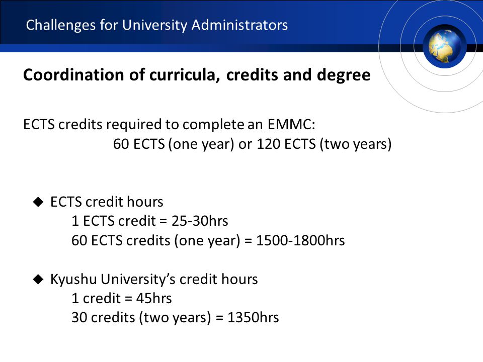 Coordination of curricula, credits and degree ECTS credits required to complete an EMMC: 60 ECTS (one year) or 120 ECTS (two years)  ECTS credit hours 1 ECTS credit = 25-30hrs 60 ECTS credits (one year) = hrs  Kyushu University’s credit hours 1 credit = 45hrs 30 credits (two years) = 1350hrs Challenges for University Administrators