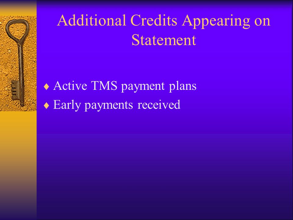 Additional Credits Appearing on Statement  Active TMS payment plans  Early payments received