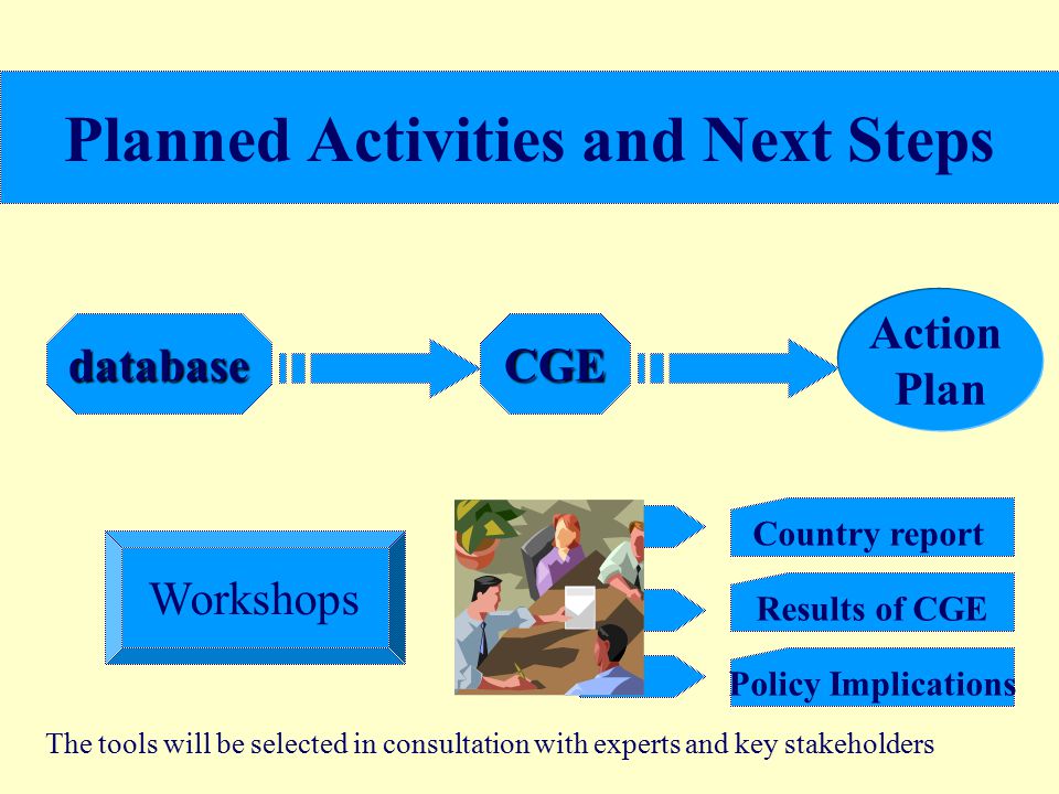 Planned Activities and Next Steps CGEdatabase Action Plan Workshops Country report Results of CGE Policy Implications The tools will be selected in consultation with experts and key stakeholders
