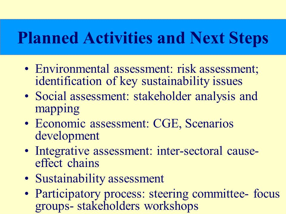 Planned Activities and Next Steps Environmental assessment: risk assessment; identification of key sustainability issues Social assessment: stakeholder analysis and mapping Economic assessment: CGE, Scenarios development Integrative assessment: inter-sectoral cause- effect chains Sustainability assessment Participatory process: steering committee- focus groups- stakeholders workshops