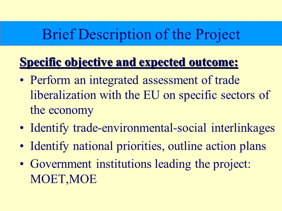 Brief Description of the Project Specific objective and expected outcome: Perform an integrated assessment of trade liberalization with the EU on specific sectors of the economy Identify trade-environmental-social interlinkages Identify national priorities, outline action plans Government institutions leading the project: MOET,MOE
