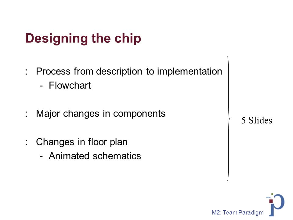 M2: Team Paradigm Designing the chip :Process from description to implementation -Flowchart :Major changes in components :Changes in floor plan -Animated schematics 5 Slides