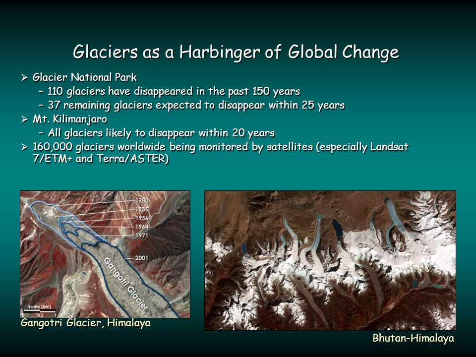 Glaciers as a Harbinger of Global Change  Glacier National Park –110 glaciers have disappeared in the past 150 years –37 remaining glaciers expected to disappear within 25 years  Mt.
