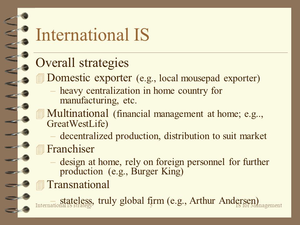 International IS strategyIS for Management5 International IS Overall strategies 4 Domestic exporter (e.g., local mousepad exporter) –heavy centralization in home country for manufacturing, etc.