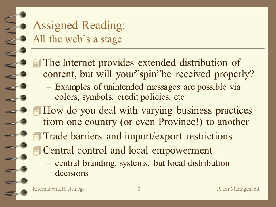 International IS strategyIS for Management9 Assigned Reading: All the web’s a stage 4 The Internet provides extended distribution of content, but will your spin be received properly.