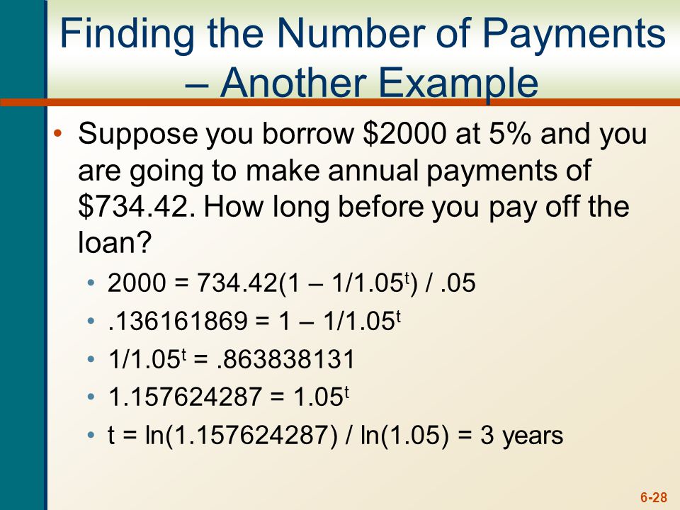 6-28 Finding the Number of Payments – Another Example Suppose you borrow $2000 at 5% and you are going to make annual payments of $