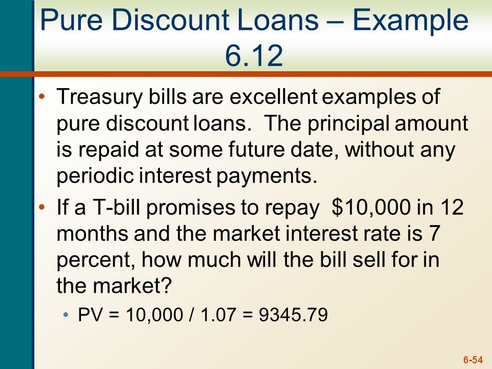 6-54 Pure Discount Loans – Example 6.12 Treasury bills are excellent examples of pure discount loans.