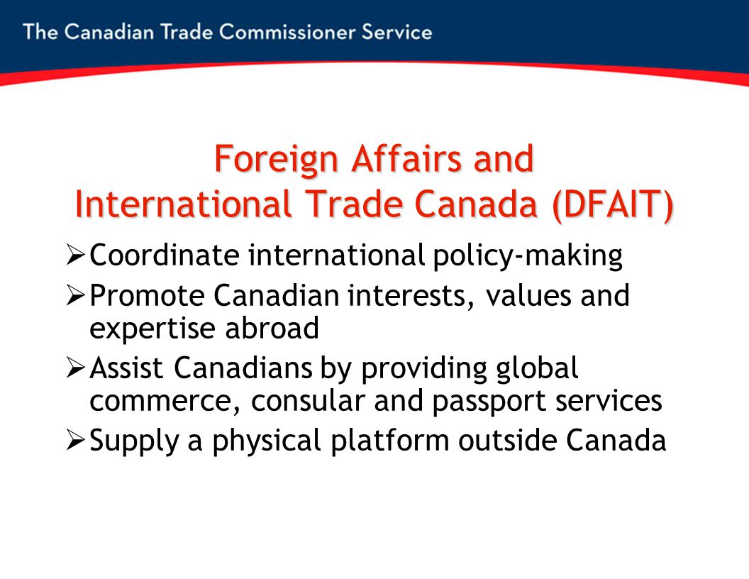 Foreign Affairs and International Trade Canada (DFAIT)  Coordinate international policy-making  Promote Canadian interests, values and expertise abroad  Assist Canadians by providing global commerce, consular and passport services  Supply a physical platform outside Canada