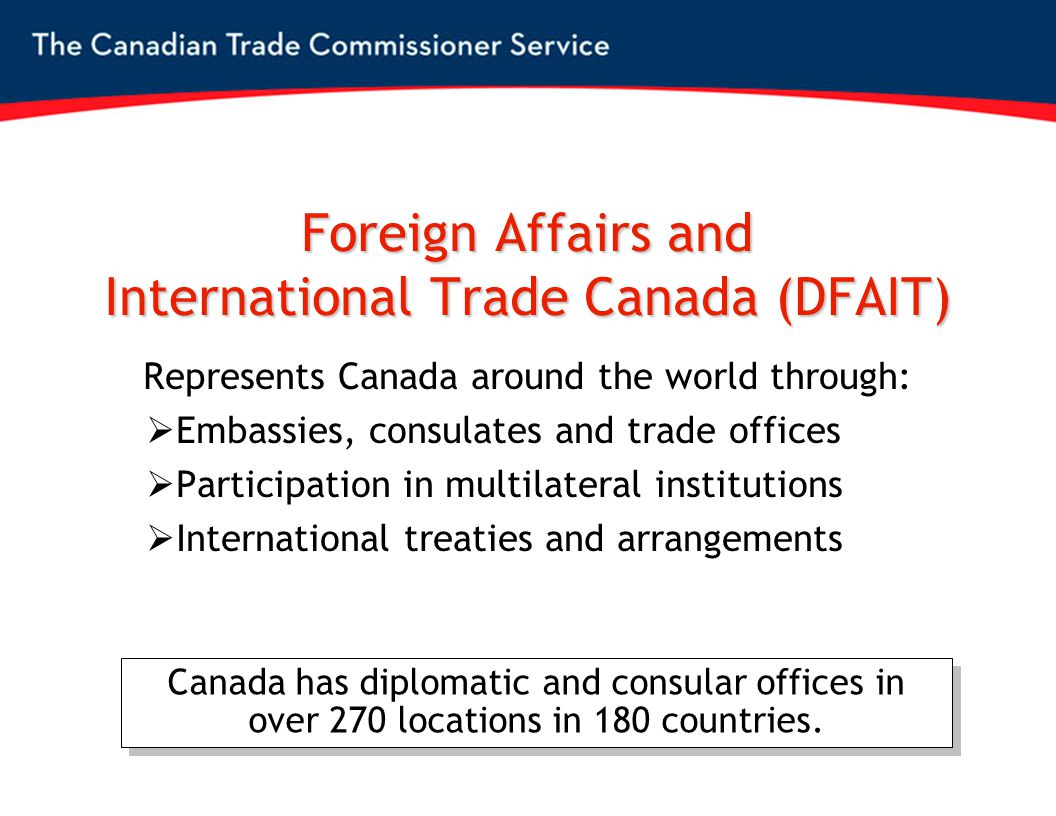 Foreign Affairs and International Trade Canada (DFAIT) Represents Canada around the world through:  Embassies, consulates and trade offices  Participation in multilateral institutions  International treaties and arrangements Canada has diplomatic and consular offices in over 270 locations in 180 countries.