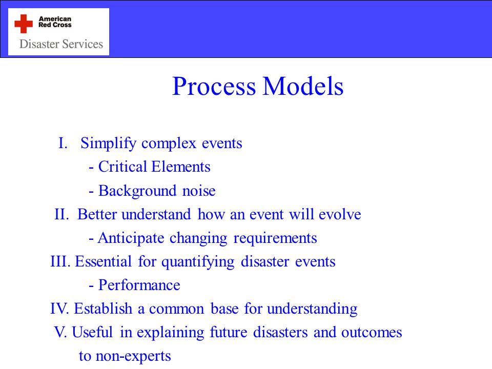Process Models I. Simplify complex events - Critical Elements - Background noise II.
