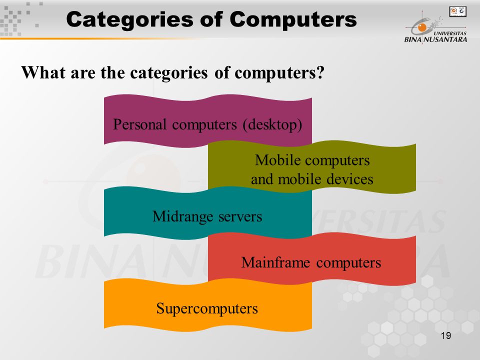 19 Categories of Computers Personal computers (desktop) Mobile computers and mobile devices Midrange serversMainframe computers What are the categories of computers.