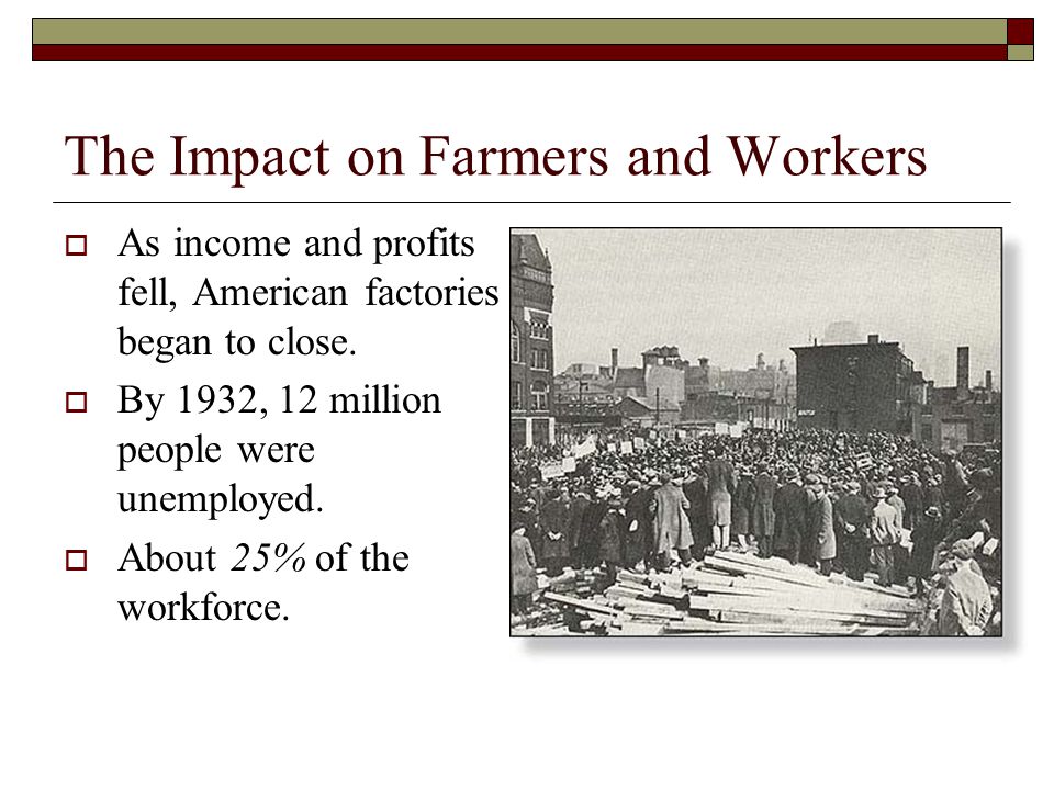 The Impact on Farmers and Workers  As income and profits fell, American factories began to close.