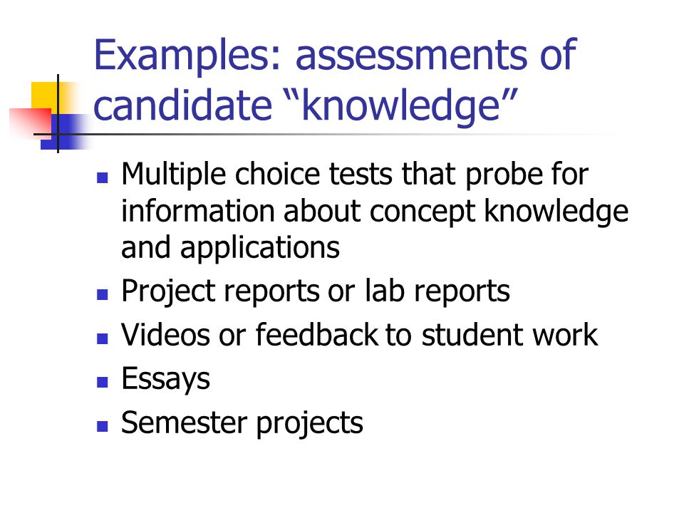 Examples: assessments of candidate knowledge Multiple choice tests that probe for information about concept knowledge and applications Project reports or lab reports Videos or feedback to student work Essays Semester projects