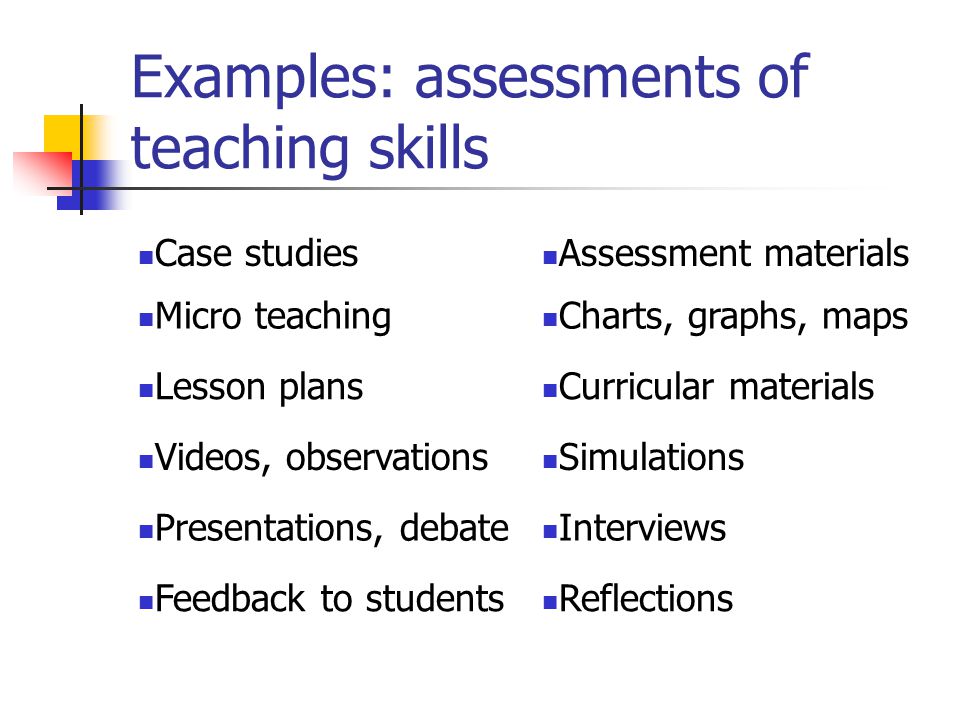 Examples: assessments of teaching skills Case studies Assessment materials Micro teaching Charts, graphs, maps Lesson plans Curricular materials Videos, observations Simulations Presentations, debate Interviews Feedback to students Reflections