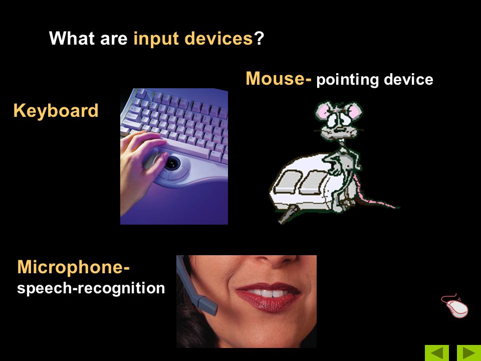 What are input devices Keyboard Mouse- pointing device Microphone- speech-recognition