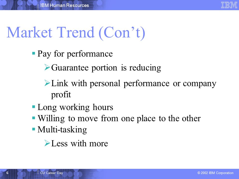 IBM Human Resources CU Career Day © 2002 IBM Corporation 6 Market Trend (Con’t)  Pay for performance  Guarantee portion is reducing  Link with personal performance or company profit  Long working hours  Willing to move from one place to the other  Multi-tasking  Less with more