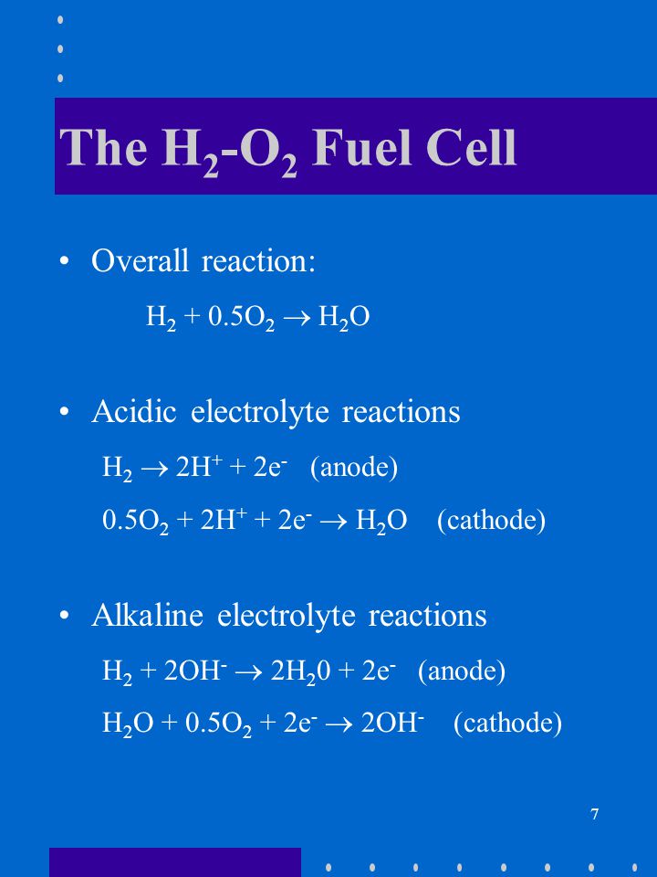 7 The H 2 -O 2 Fuel Cell Overall reaction: H O 2  H 2 O Acidic electrolyte reactions H 2  2H + + 2e - (anode) 0.5O 2 + 2H + + 2e -  H 2 O (cathode) Alkaline electrolyte reactions H 2 + 2OH -  2H e - (anode) H 2 O + 0.5O 2 + 2e -  2OH - (cathode)