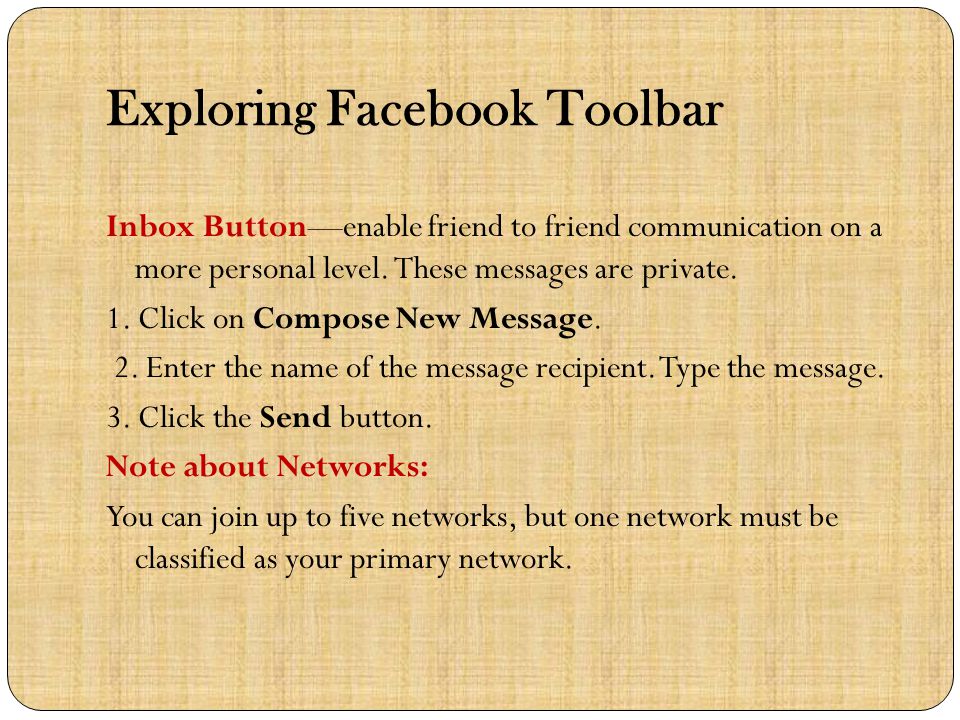 Exploring Facebook Toolbar Inbox Button—enable friend to friend communication on a more personal level.