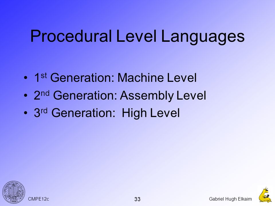 CMPE12cGabriel Hugh Elkaim 33 1 st Generation: Machine Level 2 nd Generation: Assembly Level 3 rd Generation: High Level Procedural Level Languages
