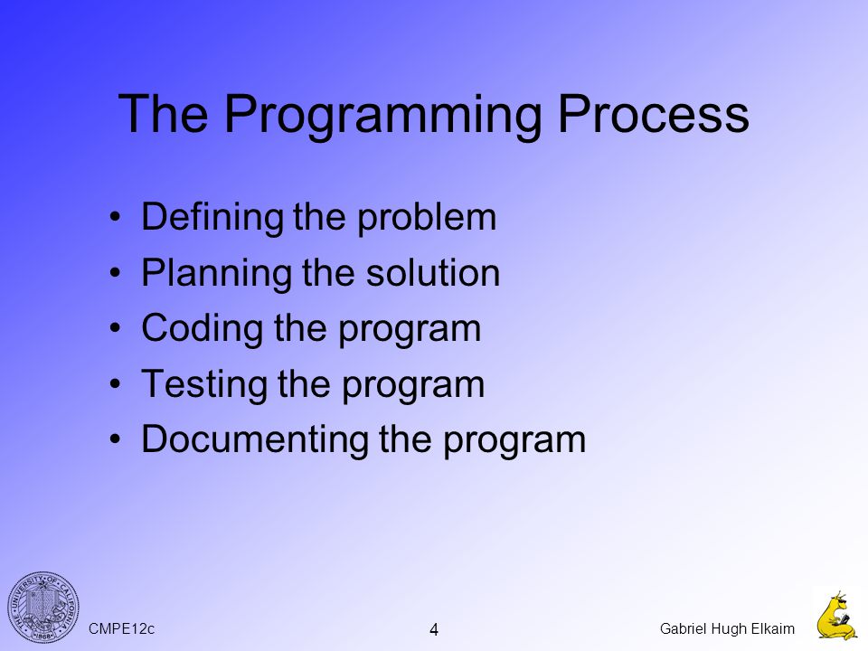 CMPE12cGabriel Hugh Elkaim 4 The Programming Process Defining the problem Planning the solution Coding the program Testing the program Documenting the program