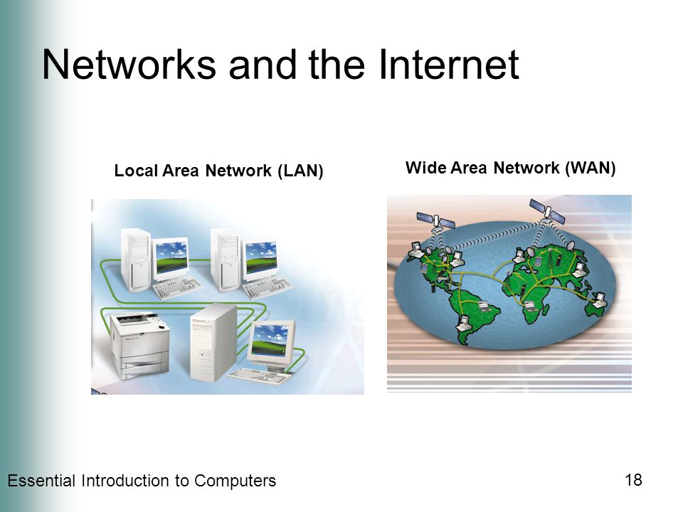 Essential Introduction to Computers 18 Networks and the Internet Local Area Network (LAN) Wide Area Network (WAN)